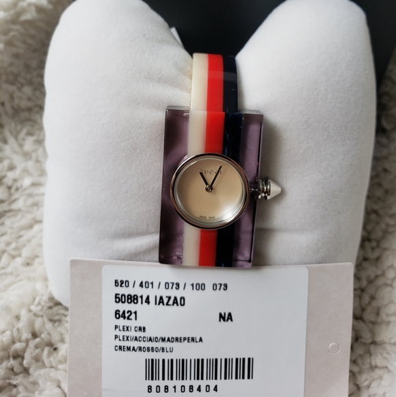 Gucci Mother of Pearl Plexiglass 24mm Quartz Watch Red White Blue - Picture 2 of 7